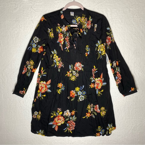 NWT Old Navy Womens Dress Black Floral‎ Rayon Peasant Bohemian Long Sleeve Sz SP - Picture 1 of 8